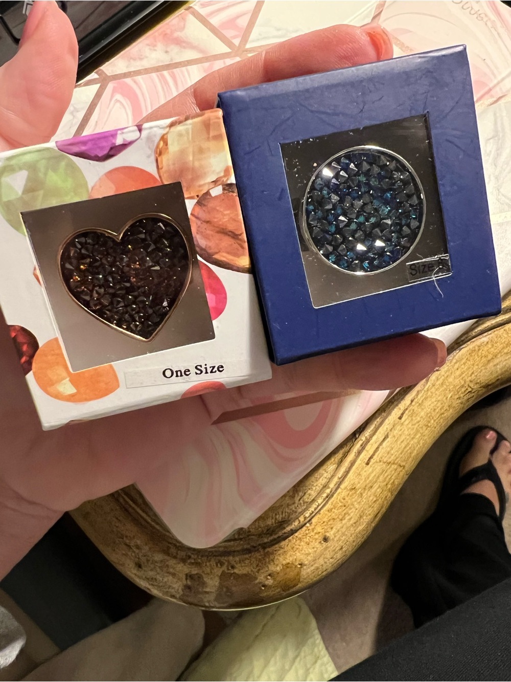 Sparkling Heart & Round Rhinestone Rings - Purple Heart  and Blue Round (silver)